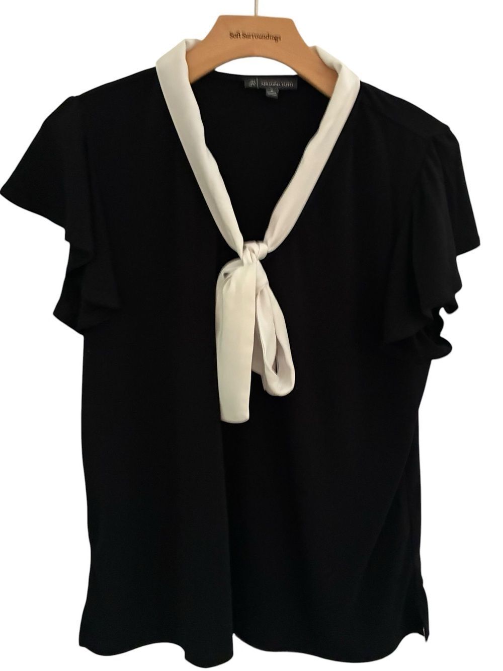 Adrianna Papell Black Blouse with Cream Tie-Neck Women’s Size M